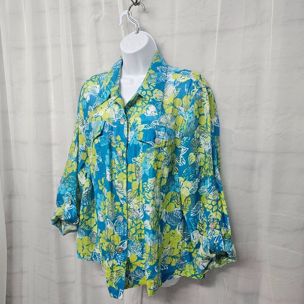 Ruby Rd Blue Green Tropical Button Down Shirt Rol… - image 8